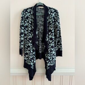 Pink Rose Navy and Light Blue Geometric Open-Front Cardigan
